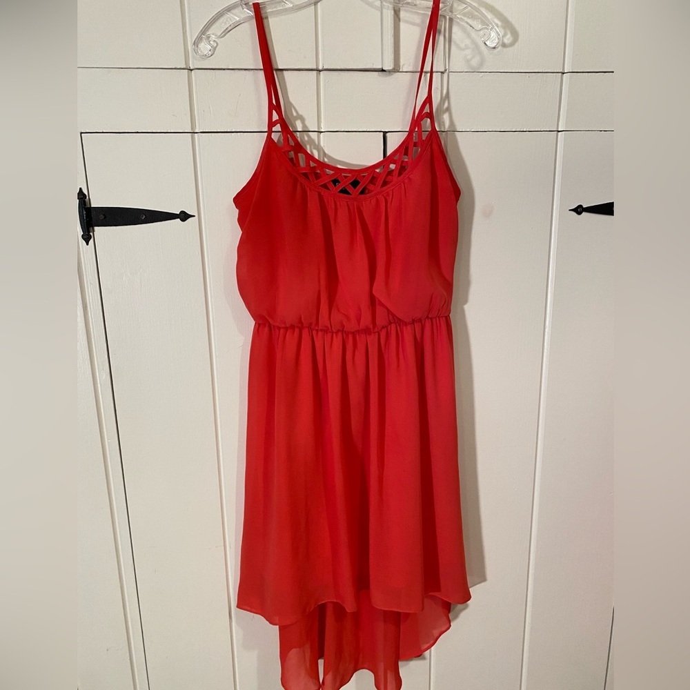 BCX Orange Coral Cut-out Neckline, Spaghetti Strap. Chiffon Style High-Low Dress